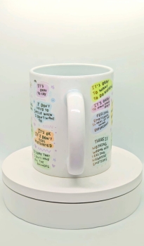 Weiße Keramiktasse mit farbenfrohem Design und der Aufschrift „My Mental Health Cup“. Die Tasse ist mit positiven und motivierenden Affirmationen wie „I am allowed to have bad days“ und „There is nothing wrong with having anxiety“ verziert. Ideal als Gesc